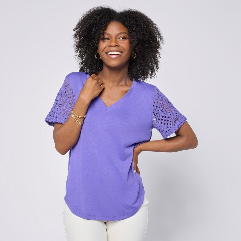 DG2 by Diane Gilman Women's Sleeve Crochet Lace V-Neck Tee in Purple, Sz XL